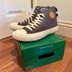 P.F. Flyers High-Top Sneakers in Gray and White with Tan Logo Patch